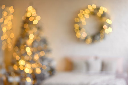 Christmas defocus festive design, defocused garland lights, bokeh effect. New year backgroundの写真素材