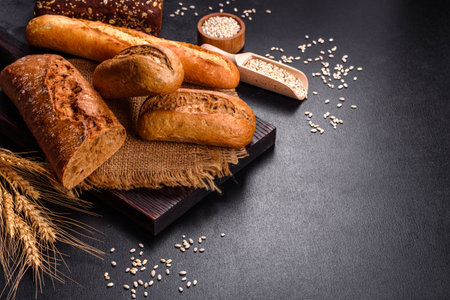 Fresh Bread on black background, top view, copy space. Homemade fresh baked various loafs of wheat and rye breadの写真素材