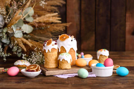 Easter cake and easter eggs, traditional holiday design menu concept. food background. top view....