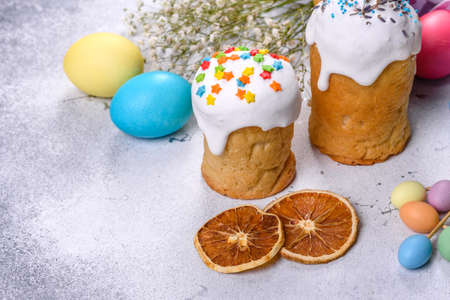 Happy easter holiday on the table meal snack outdoor top view copy space food background rustic