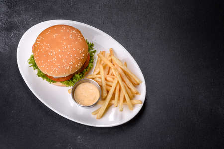 Craft beef burger and french fries on a dark tableの写真素材