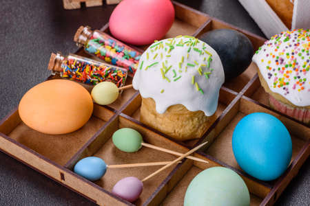 Easter cake and Easter eggs festive celebration table setting traditional decoration and treats