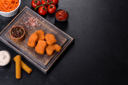 Chicken nuggets with tomato sauce on wooden background. Copy spaceの写真素材