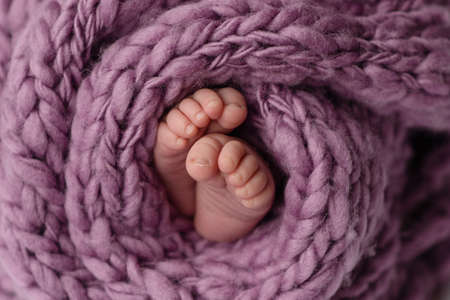 Small beautiful legs of a newborn baby in the first days of life. Baby feet of a newbornの写真素材