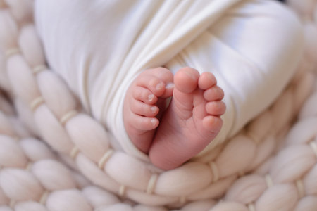 Small beautiful legs of a newborn baby in the first days of life. Baby feet of a newborn