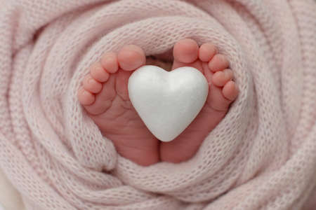 Small beautiful legs of a newborn baby in the first days of life. Baby feet of a newbornの写真素材