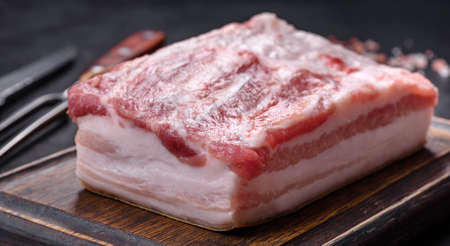 Close-up fat Salted lard homemade lard on a wooden board. Natural product from organic farm