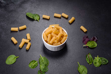 Layout of Italian raw pasta, top view, different types and shapes of pastaの写真素材