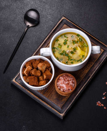 Yellow split pea soup with bacon. Space for text, top viewの写真素材