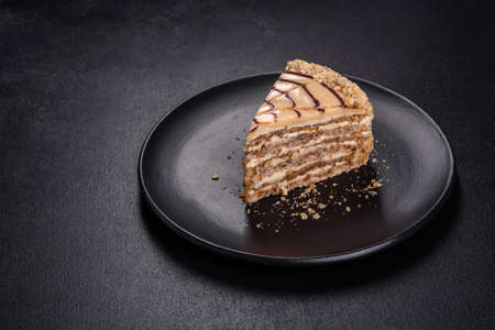 Traditional Hungarian Esterhazy cake, torte. Black background. Copy spaceの写真素材