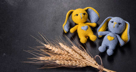 Two toy hare tied by hand in the colors of the flag of Ukraine. Save the lives of the children of Ukraine. No to warの写真素材