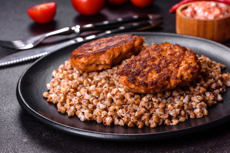 Delicious fresh boiled buckwheat porridge with vegetables and spices on a black plate against a dark...