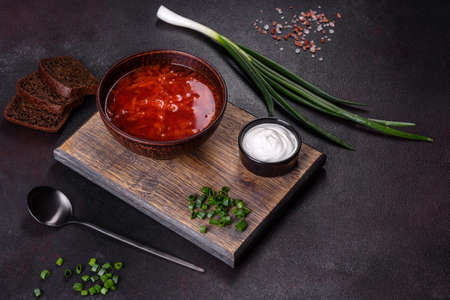 Borscht - traditional Ukraine soup made of beetroot, tomato, cabbage, carrot and beefの写真素材