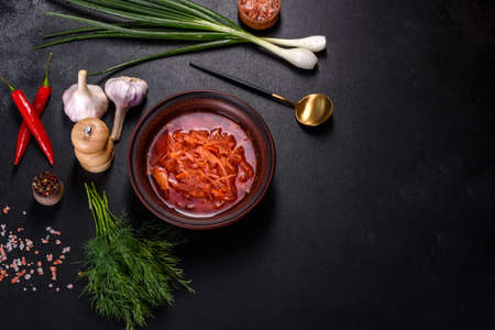Traditional Ukrainian borscht, bowl of red beet root soup borsch