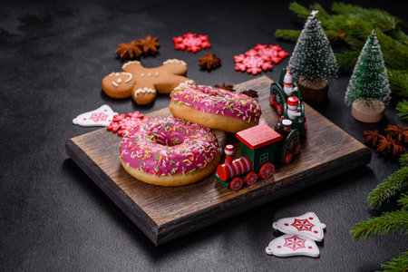 A beautiful doughnut with pink glaze and colored sprinkle on a dark concrete background. Sweets to the christmas tableの写真素材