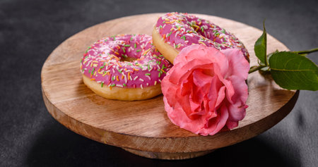 A beautiful doughnut with pink glaze and colored sprinkle on a dark concrete background. Sweets to the dinner tableの写真素材