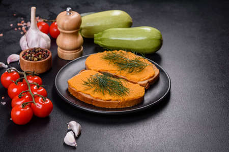 Delicious squash caviar sandwiches, healthy breakfast. Vegetarian dishの写真素材