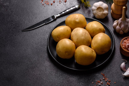 A pile of young potatoes on the table. The benefits of vegetables. Harvest and natural productsの写真素材