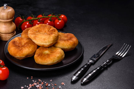 Traditional homemade pies with cabbage and sauerkraut on the plate on a concrete tableの写真素材