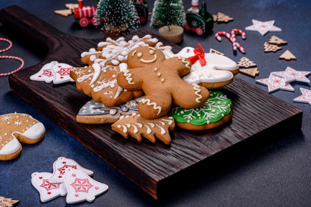 Christmas gingerbread. Delicious gingerbread cookies with honey, ginger and cinnamon. Winter compositionの写真素材