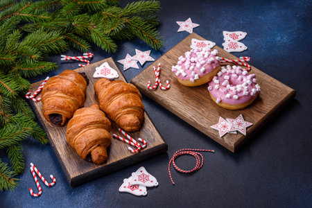 Crispy chocolate croissant with Christmas decorations on wooden cutting board on dark concrete backgroundの写真素材