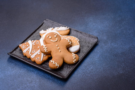 Christmas decorations and gingerbreads on a dark concrete table. Preparing and decorating the house for holidaysの写真素材