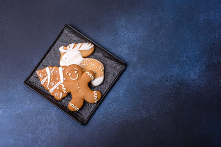 Christmas decorations and gingerbreads on a dark concrete table. Preparing and decorating the house for holidaysの写真素材