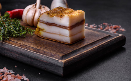 Salted Lard, Raw Pork with Spices on Wooden Cutting Board Studio Photoの写真素材