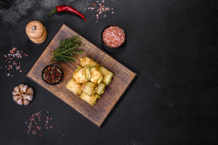 Zucchini appetizer rolls with cream cheese and eggs on a cutting board on dark gray background