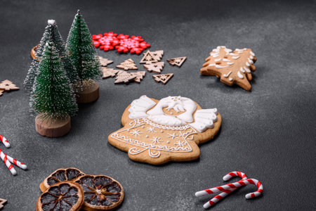 Delicious gingerbread cookies with honey, ginger and cinnamon. winter compositionの写真素材