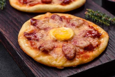 Homemade pizza with sausages, tomatoes, cheese, spices and herbs on a wooden cutting board against a dark concrete backgroundの写真素材