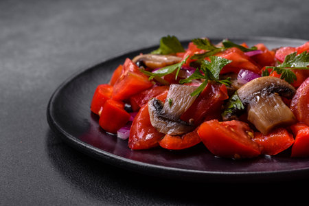 A salad of baked mushrooms, tomatoes, onions, parsley, spices and herbs on a black plate against a dark concrete background. Vegetarian food dishの写真素材