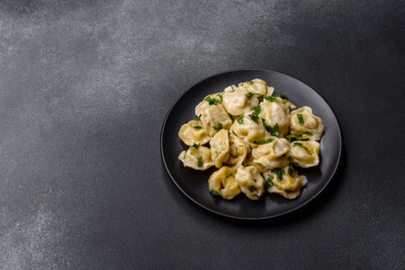 Delicious fresh dumplings with turkey meat, with spices and herbs, parsley on a black plate against a dark concrete backgroundの写真素材