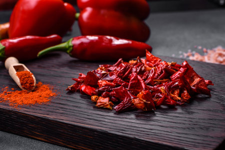 Pieces of dried paprika, preparation of powder spice for various dishes, against a dark concrete...
