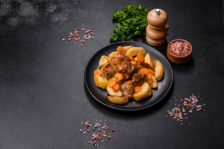 Beef meat and vegetables stew on a black plate with roasted potatoes. dark background. copy spaceの写真素材