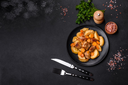 Beef meat and vegetables stew on a black plate with roasted potatoes. dark background. copy spaceの写真素材