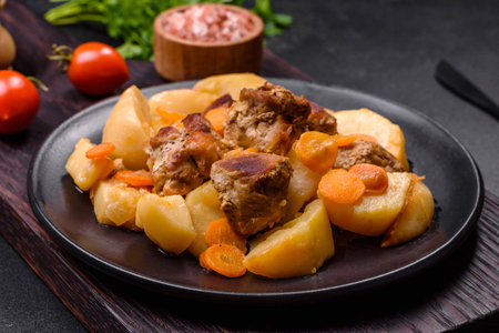 Beef meat and vegetables stew on a black plate with roasted potatoes. dark background. copy spaceの写真素材