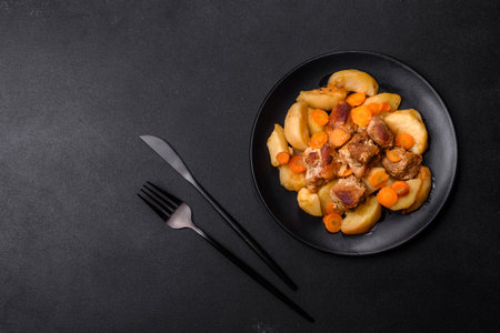 Beef meat and vegetables stew on a black plate with roasted potatoes. dark background. copy spaceの写真素材