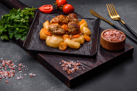 Beef meat and vegetables stew on a black plate with roasted potatoes. dark background. copy spaceの写真素材