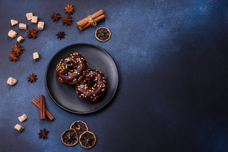 pastries concept. Donuts with chocolate glaze with sprinkles, on a dark concrete table. Sweet food for a breakfastの写真素材