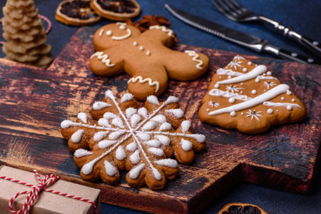 Elements of Christmas decorations, sweets and gingerbread on a wooden cutting board against a dark...
