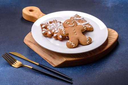 Delicious gingerbread cookies with honey, ginger and cinnamon. winter compositionの写真素材