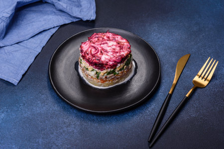 Herring salad under a fur coat. Traditional Ukrainian multilayered salad from herring, beets, potatoes, carrots and eggsの写真素材