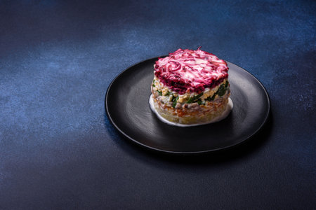 Herring salad under a fur coat. Traditional Ukrainian multilayered salad from herring, beets, potatoes, carrots and eggsの写真素材