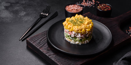 Crab salad with corn, laid out on a black plate for portion serving in a festive table settingの写真素材