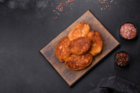 Cooking pies with potato on a wooden cutting board on a black backgroundの写真素材
