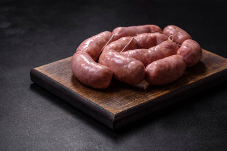 Raw barbecue sausages on a wooden cutting board with spices and vegetables. Free space for your text