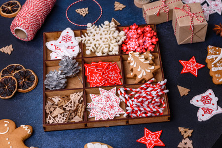 Christmas composition with gingerbread cookies, Christmas toys, pine cones and spices. winter...