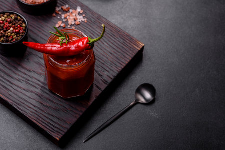 Glass jar with homemade classic spicy tomato pasta or pizza sauce with spices and herbs. Italian healthy food backgroundの写真素材