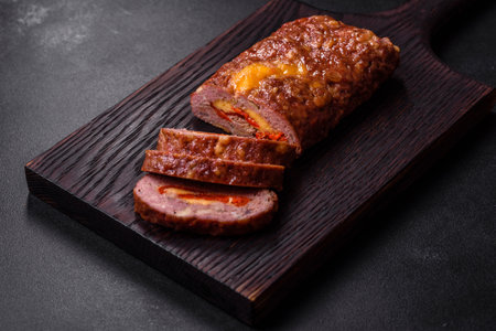 Delicious fresh ground beef meat roll with cheese, tomatoes and sweet peppers baked with spices and...